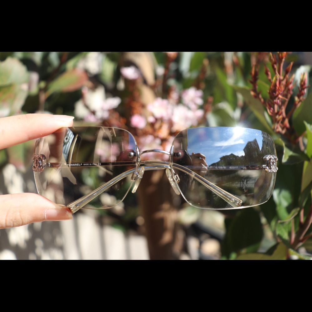 Clear Chanel Rimless Sunglasses Grey Gradient Logo